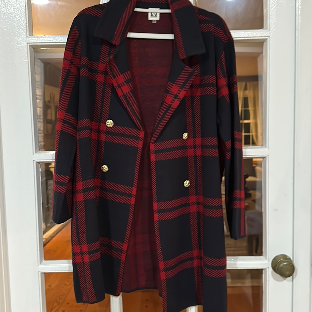 Anne Klein long patterned cardigan navy and soft red